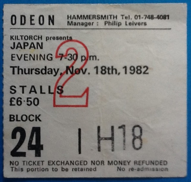 Japan David Sylvian Original Used Concert Ticket Hammersmith Odeon London 1982