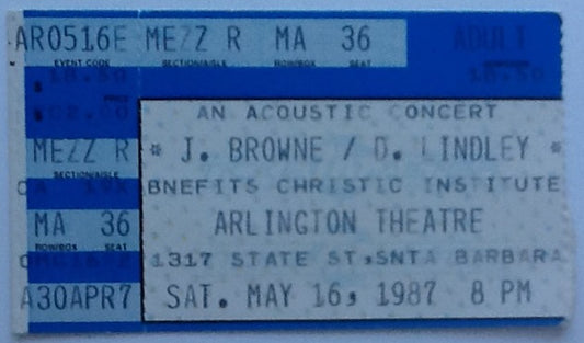 Jackson Browne David Lindley Original Used Concert Ticket Arlington Theatre Santa Barbara 1987