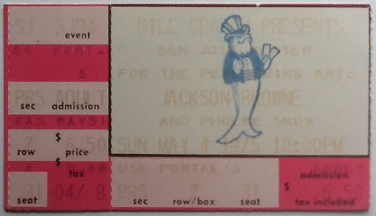 Jackson Browne Phoebe Snow Original Used Concert Ticket San Jose Centre For The Performing Arts 1975