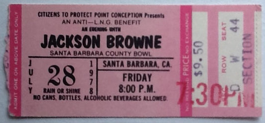 Jackson Browne Original Used Concert Ticket Santa Barbara County Hall 1978