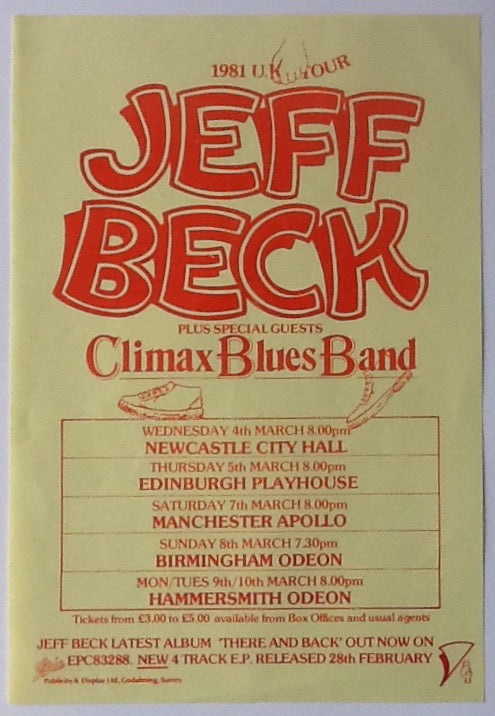 Jeff Beck Original Concert Handbill Flyer UK Tour 1981