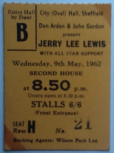 Jerry Lee Lewis Original Used Concert Ticket City Hall Sheffield 1962