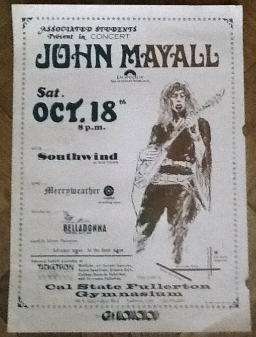 John Mayall Original Concert Tour Gig Poster Cal State Fullerton Gymnasium 1969