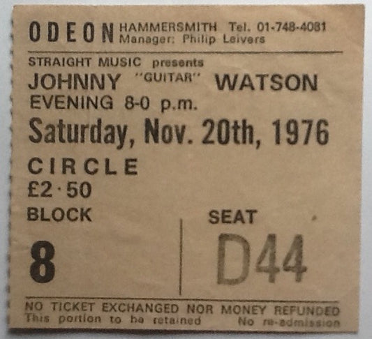 Johnny Guitar Watson Original Used Concert Ticket Hammersmith Odeon London 1976