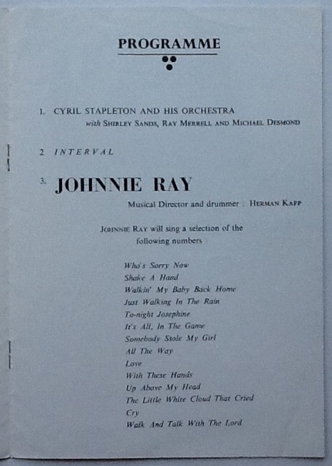 Johnnie Ray Original Concert Programme De Montfort Hall Leicester 1959