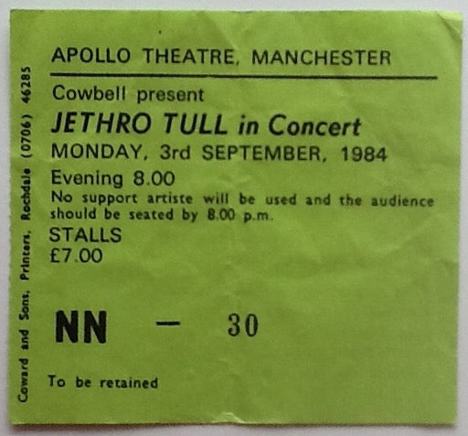Jethro Tull Original Used Concert Ticket Apollo Theatre Manchester 1984
