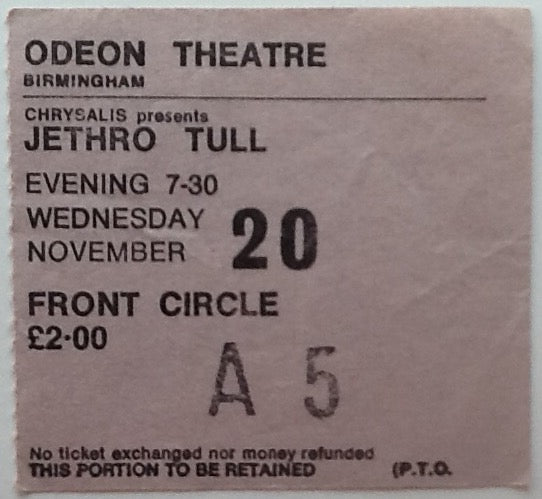Jethro Tull Original Used Concert Ticket Odeon Theatre Birmingham 1974