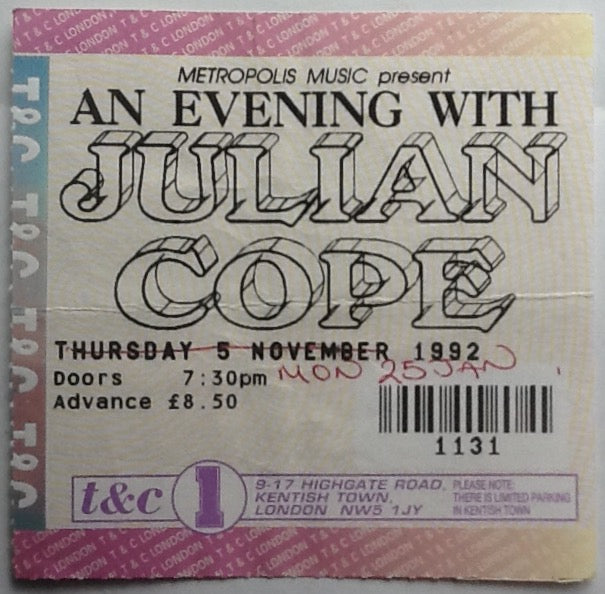 Julian Cope Original Used Concert Ticket Town & Country Club London 1992 1993