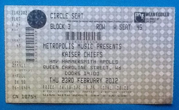 Kaiser Chiefs Original Unused Concert Ticket London 2012