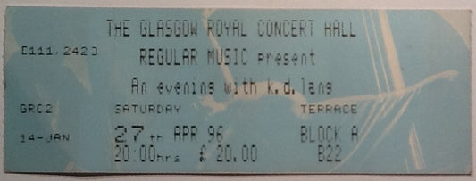 K.D. Lang Original Used Concert Ticket Glasgow Royal Concert Hall 1996