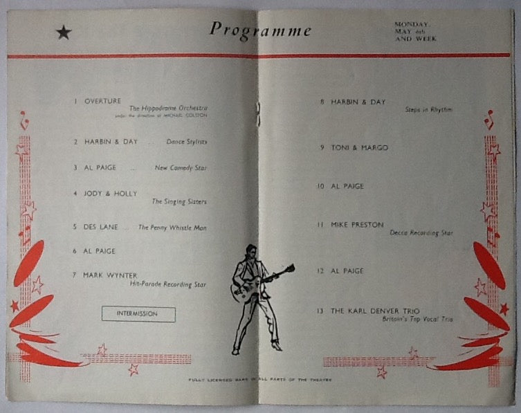 Karl Denver Trio Original Concert Tour Gig Programme Hippodrome Birmingham 1963