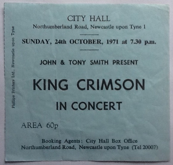 King Crimson Original Used Concert Ticket City Hall Newcastle 1971
