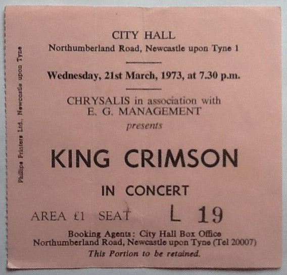 King Crimson Original Used Concert Ticket City Hall Newcastle 1973