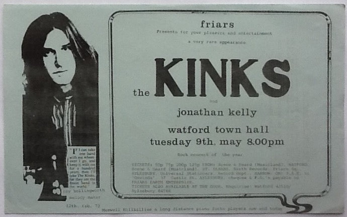 Kinks Original Handbill Flyer Watford Town Hall 1972