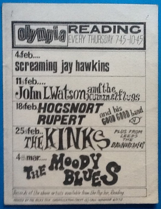 Kinks Moody Blues Original Concert Handbill Flyer Ricky Tick Club Reading 1966