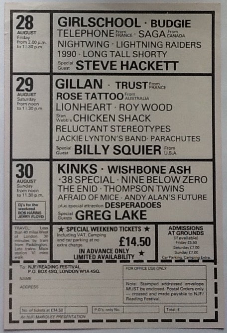 Kinks Gillan Girlschool Original 21st Reading Festival Handbill Flyer 1981