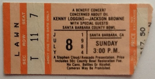 Kenny Loggins & Jackson Browne Original Used Concert Ticket Santa Barbara County Bowl 1984