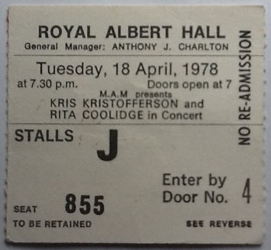Kris Kristofferson Rita Coolidge Original Used Concert Ticket Royal Albert Hall London 1978