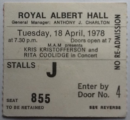 Kris Kristofferson Rita Coolidge Original Used Concert Ticket Royal Albert Hall London 1978