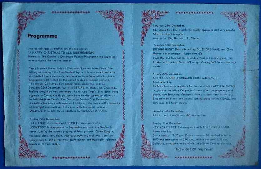 Love Affair Arthur Brown Original Concert Handbill Flyer The Garden Penzance 1972