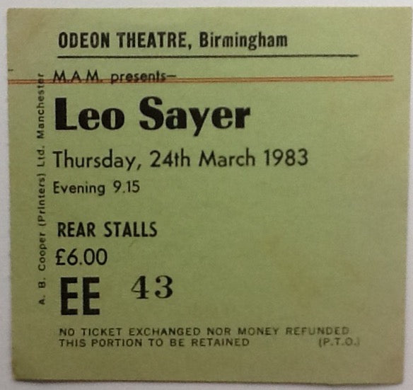 Leo Sayer Original Used Concert Ticket Odeon Theatre Birmingham 1983