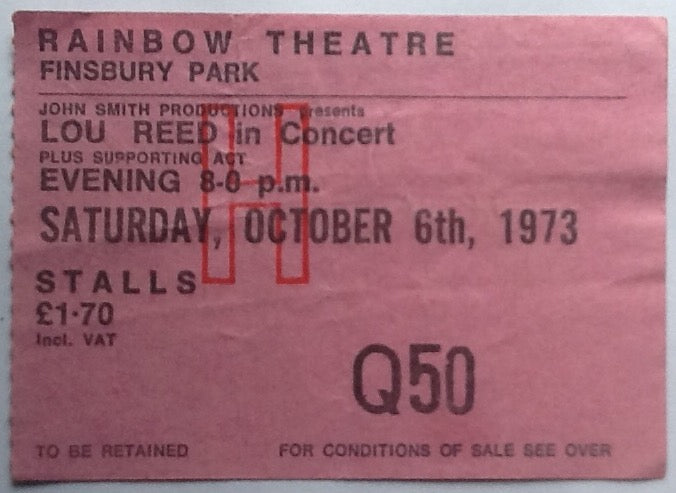 Lou Reed Original Used Concert Ticket Rainbow Theatre London 1973