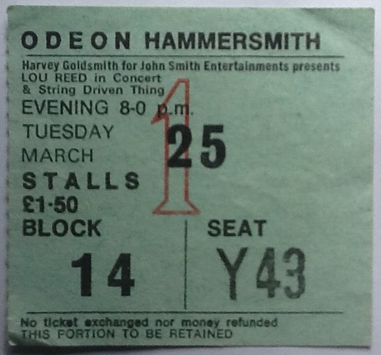 Lou Reed Original Used Concert Ticket Hammersmith Odeon London 1975