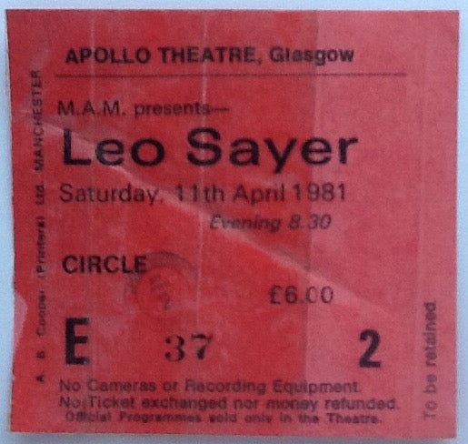 Leo Sayer Original Used Concert Ticket Apollo Glasgow 1981