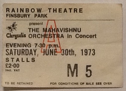 Mahavishnu Orchestra Original Used Concert Ticket Rainbow Theatre London 1973