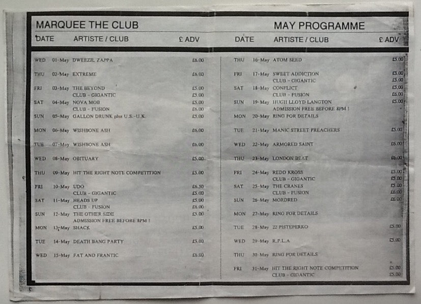 Manic Street Preachers Wishbone Ash Original Concert Handbill Flyer Marquee Club London May 1991