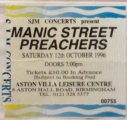 Manic Street Preachers Original Used Concert Ticket Aston Villa Leisure Centre 12th Oct 1996