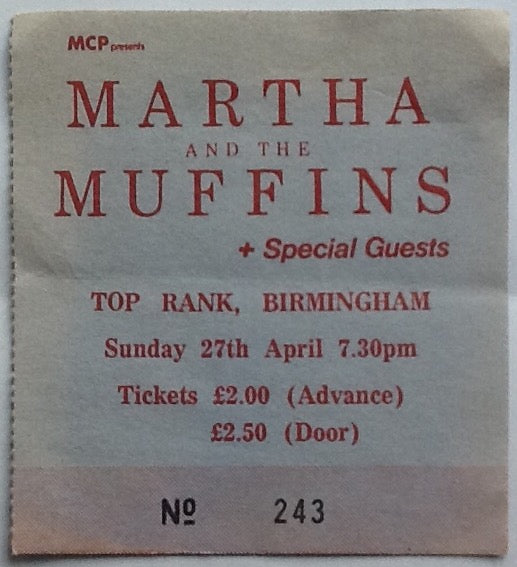 Martha & The Muffins Original Used Concert Ticket Top Rank Birmingham 1980
