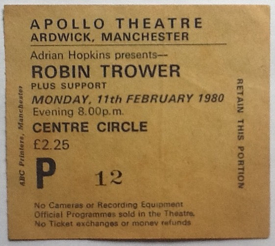 Procol Harum Robin Trower Original Used Concert Ticket Apollo Theatre Manchester 1980