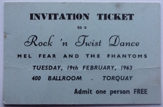 Mel Fear and The Fhantoms Original Used Concert Ticket 400 Ballroom Torquay 1963