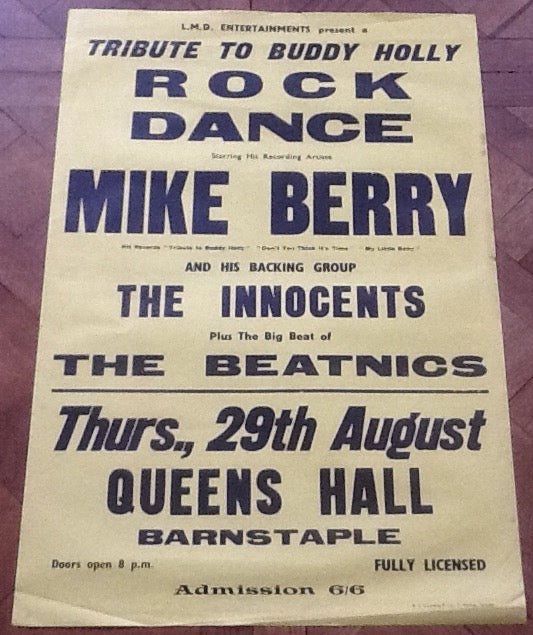 Mike Berry The Beatnics Original Concert Tour Gig Poster Queens Hall Barnstaple 1963