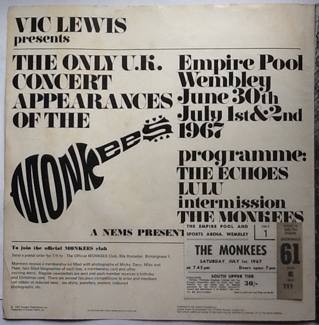 Monkees Lulu Echoes Original Concert Programme and Ticket Wembley London 1967