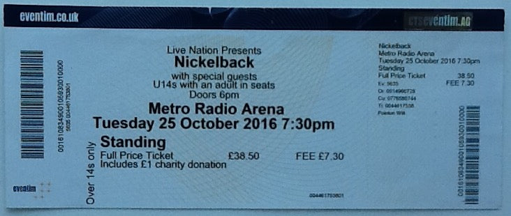 Nickelback Original Unused Concert Ticket Metro Radio Arena Newcastle 2016