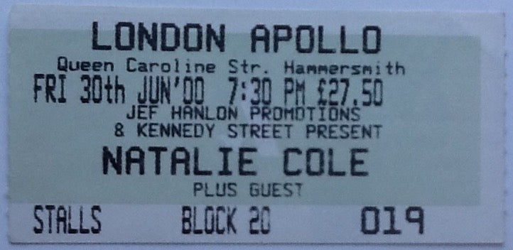 Natalie Cole Original Used Concert Ticket Apollo Theatre London 2000