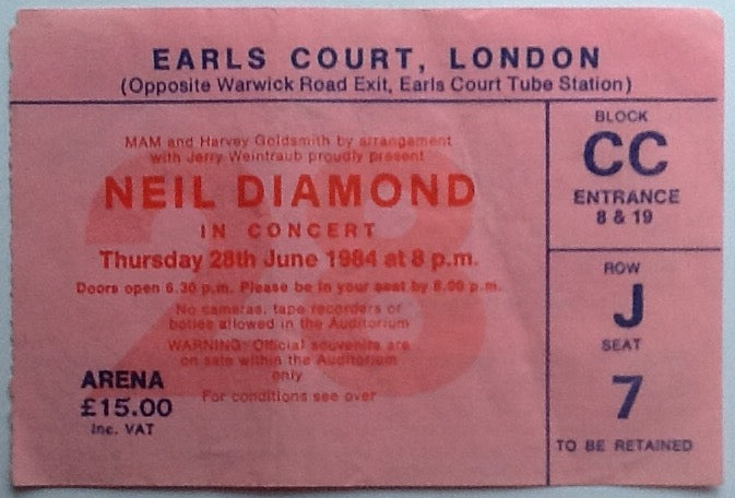 Neil Diamond Original Used Concert Ticket Earls Court London 28th Jun 1984