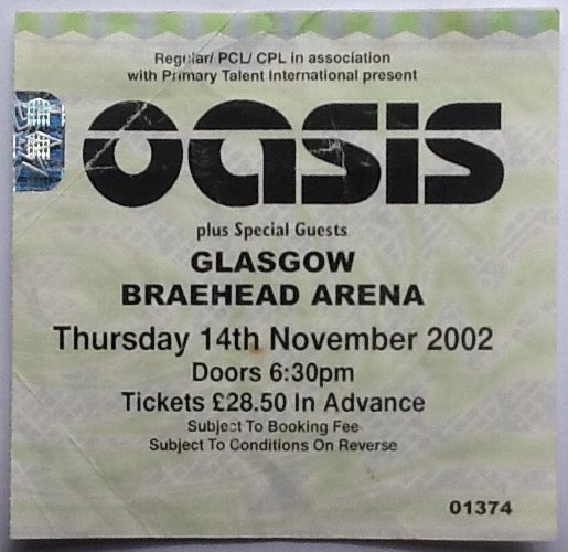 Oasis Original Used Concert Ticket Braehead Arena Glasgow 14th Nov 2002