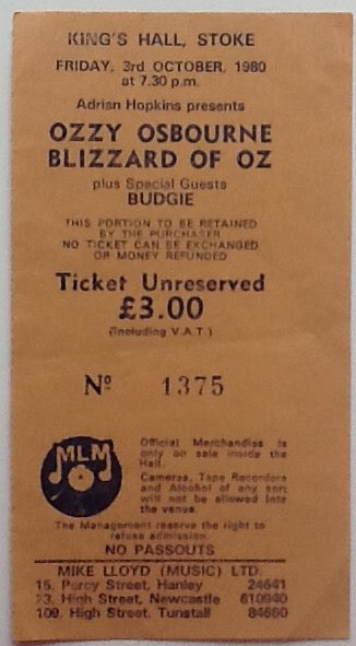 Black Sabbath Ozzy Osbourne Original Used Concert Ticket King's Hall Stoke 1980