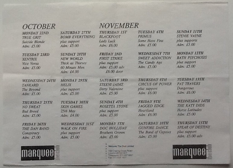 Blackfoot Primus Pat Travers Original Concert Handbill Flyer Marquee Club London Oct-Nov 1990