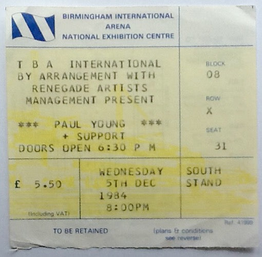 Paul Young Original Used Concert Ticket NEC Arena Birmingham 1984