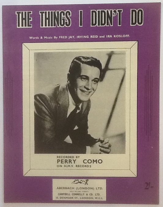 Perry Como The Things I Didn't Do Original Mint Sheet Music 1954