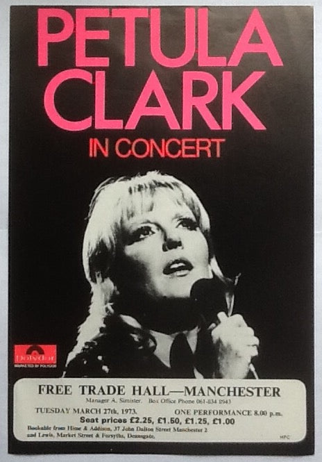 Petula Clark Original Concert Handbill Flyer Free Trade Hall Manchester 1973