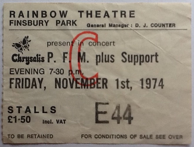 PFM Premiata Forneria Marconi Original Used Concert Ticket Rainbow Theatre London 1974