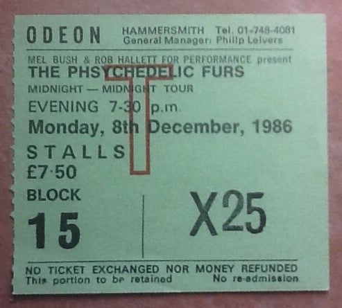 Phsychedelic Furs Used Concert Ticket London 1986