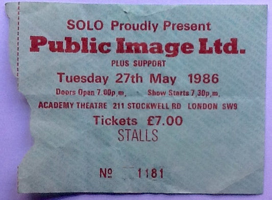 Public Image Limited PiL Original Used Concert Ticket Brixton Academy London 1986