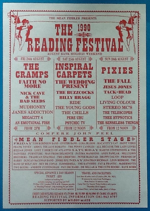 Pixies Inspiral Carpets Cramps Original Reading Festival Handbill Flyer 1990