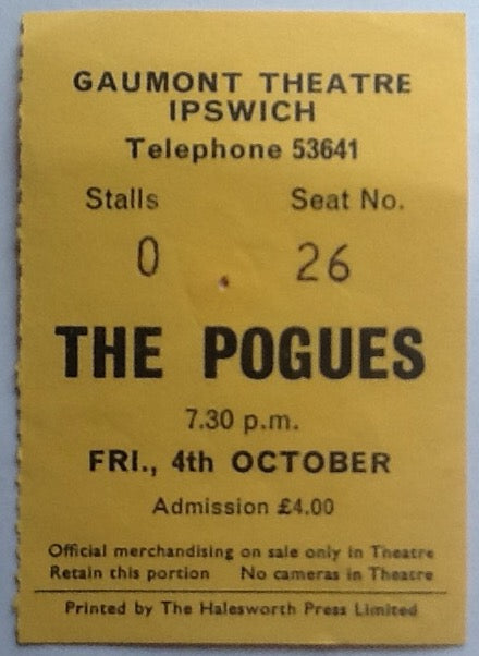 Pogues Original Used Concert Ticket Ipswich 1985